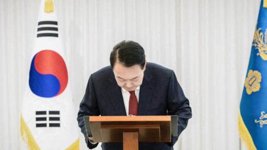 This handout photo taken on December 14, 2024 and released by the South Korean Presidential Office shows President Yoon Suk Yeol giving a public address from his official residence in Seoul. Yoon on December 14 said he would "step aside" after parliament voted to remove him from office, urging an end to "politics of excess and confrontation". South Korean lawmakers on Saturday impeached Yoon over his failed martial law bid, with the opposition declaring a "victory of the people". (Photo by Handout / South Korean Presidential Office / AFP) / RESTRICTED TO EDITORIAL USE - MANDATORY CREDIT "AFP PHOTO / SOUTH KOREAN PRESIDENTIAL OFFICE" - NO MARKETING NO ADVERTISING CAMPAIGNS - DISTRIBUTED AS A SERVICE TO CLIENTS