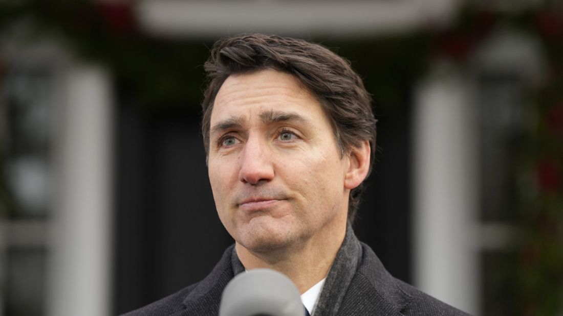 Canada Prime Minister Justin Trudeau makes an announcement outside Rideau Cottage in Ottawa on Monday, Jan.6, 2025. (Adrian Wyld/The Canadian Press via AP)