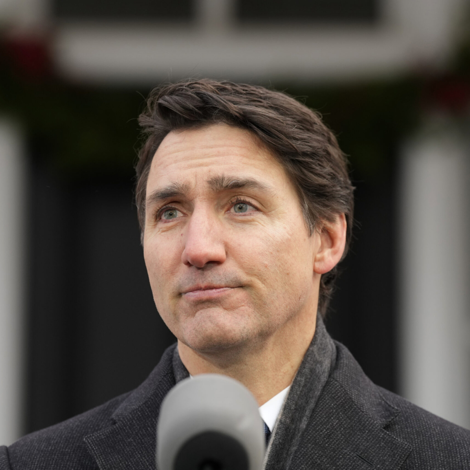 Canada Prime Minister Justin Trudeau makes an announcement outside Rideau Cottage in Ottawa on Monday, Jan.6, 2025. (Adrian Wyld/The Canadian Press via AP)